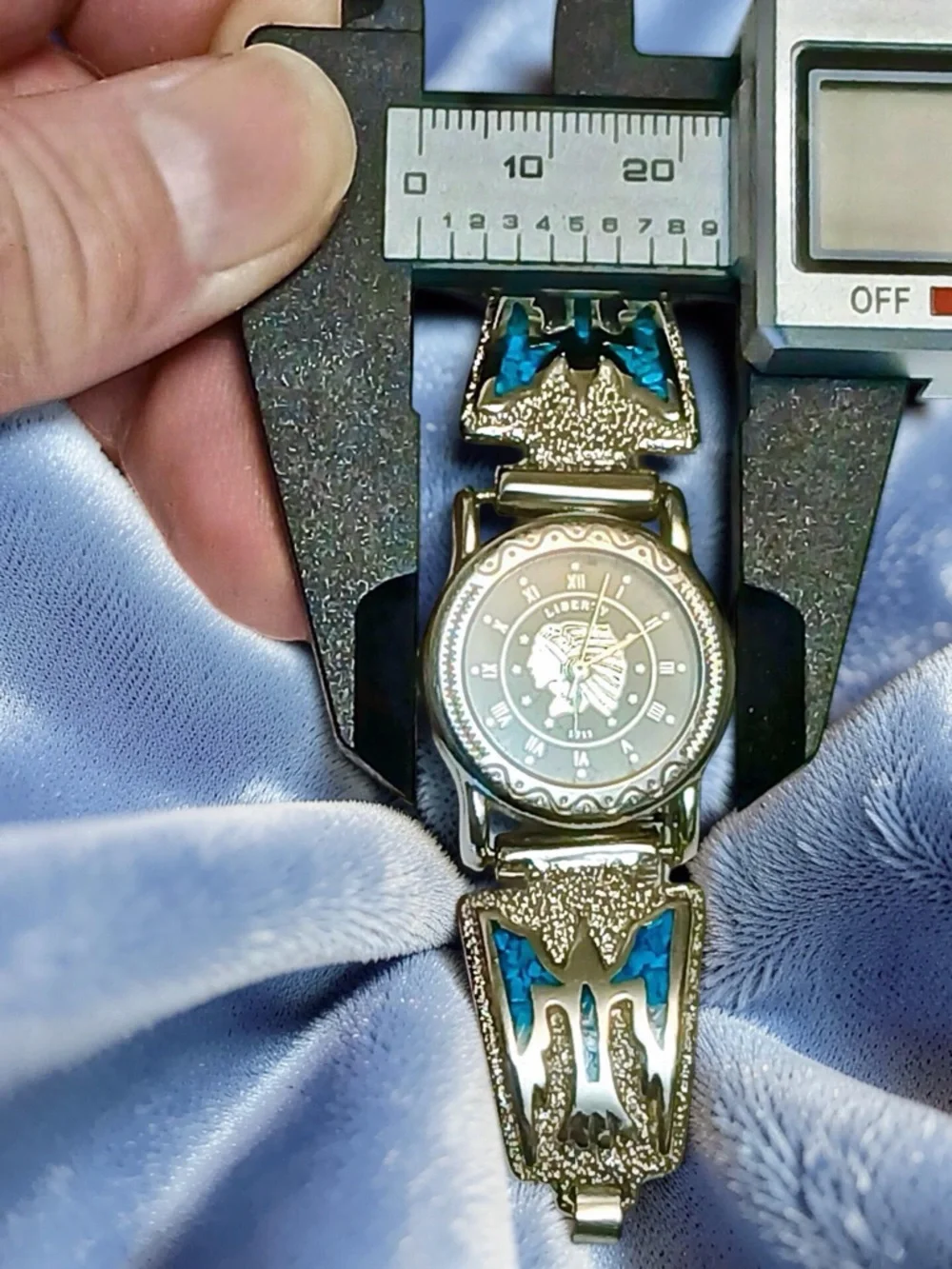 Silver Indian Chief Watch with Sterling Navajo Turquoise Inlay Thunderbird Tips